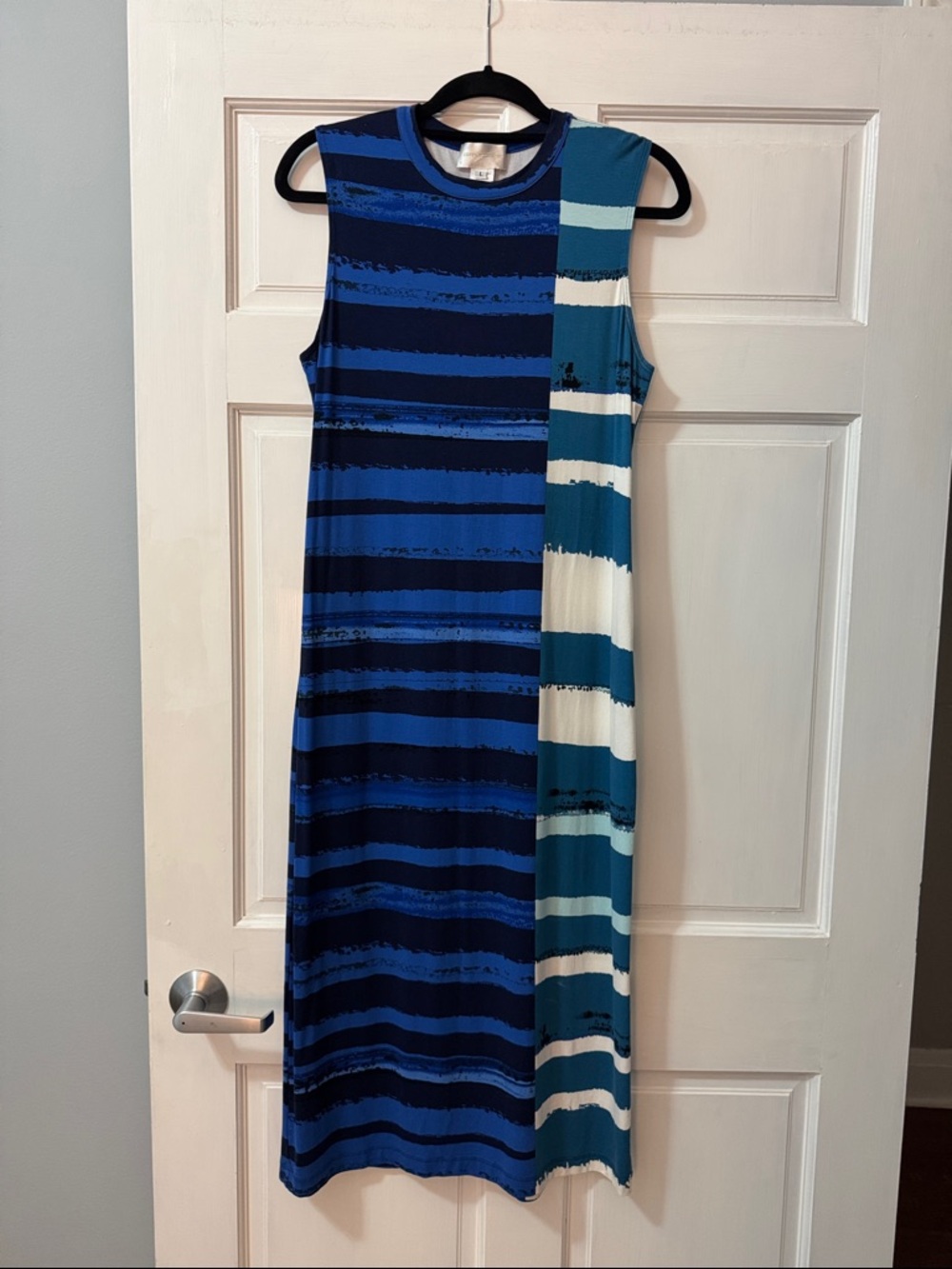 Corey Lynn Calter Blue Teal Striped Sleeveless Midi Dress